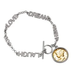 American Coin Treasures Gold-Layered Silver Mercury Dime Inspirational Dream Wish Love Laugh Joy Coin Bracelet